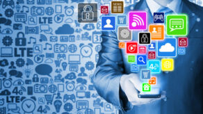Business Man Using Smart Phone With Social Media Icon Set