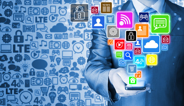 Business Man Using Smart Phone With Social Media Icon Set
